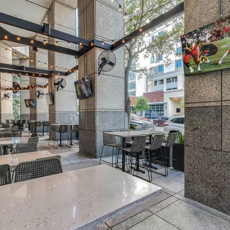 Interior, tables, chairs, decorations.