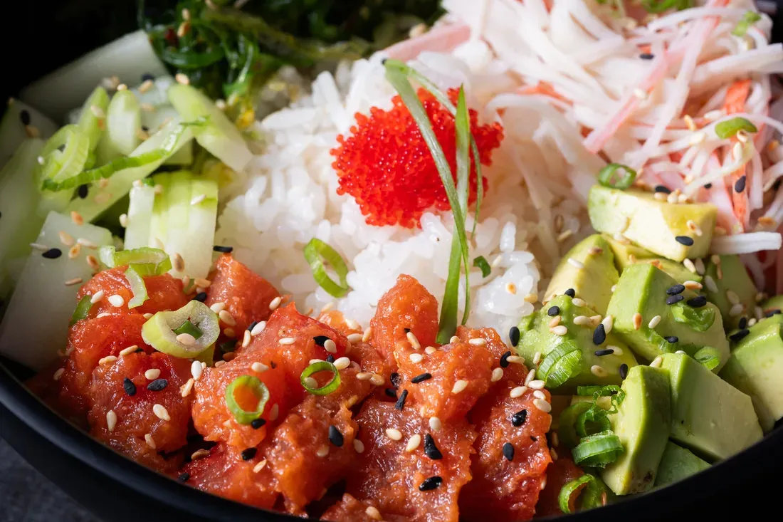 Tuna poke bowl and ceviche for group dining