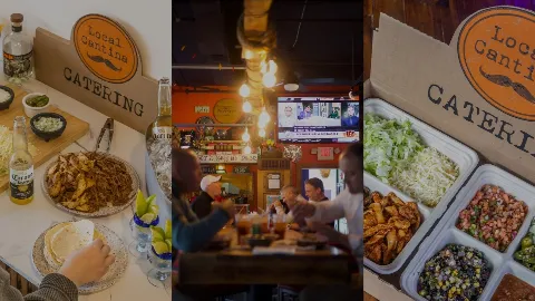 Local Cantina Tex-Mex catering and private events collage showing taco ingredients, fresh salsas, lettuce, tortillas, and guests enjoying food and drinks in a lively restaurant setting.