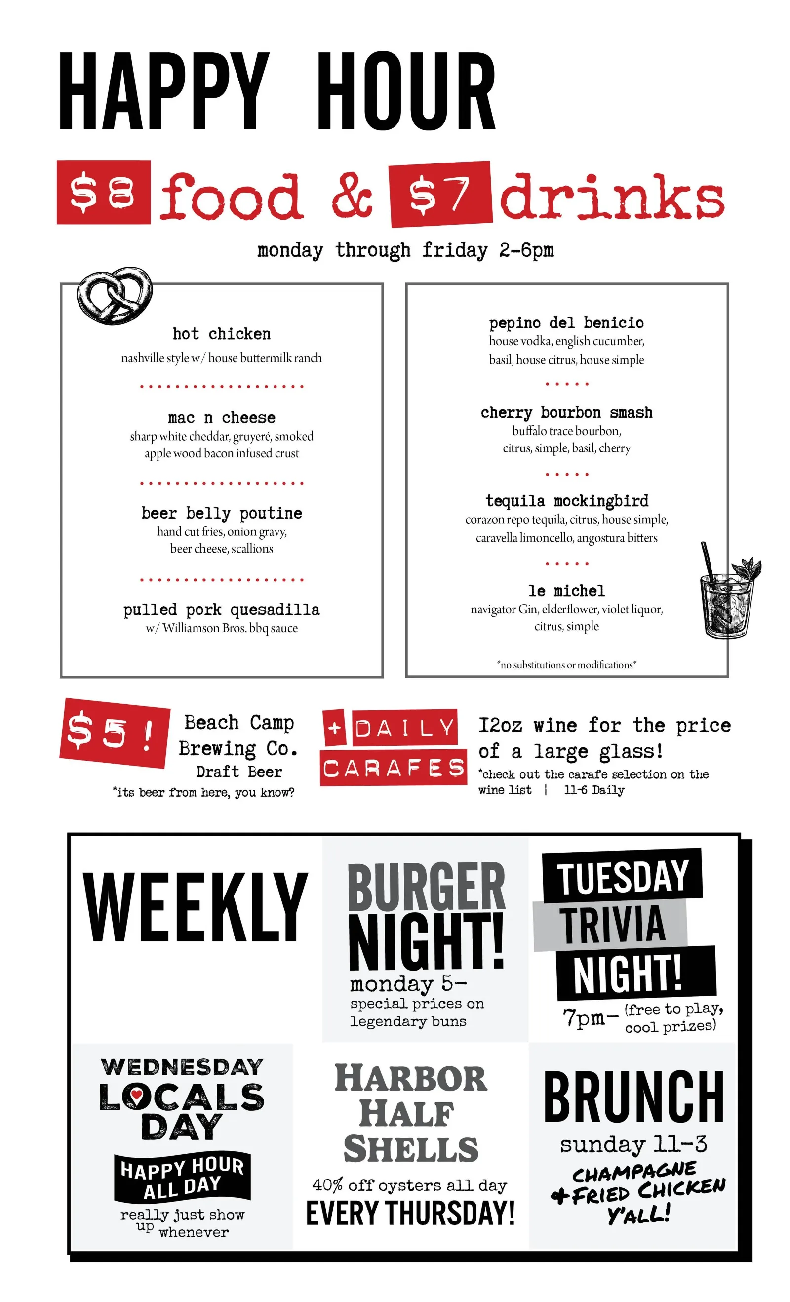 Happy Hour Menu - Drinks and Food Monday Through Friday 2-6pm