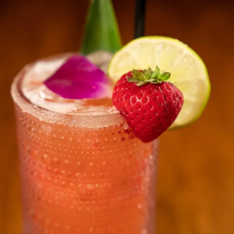 Pink Nina Bonita Cocktail, with lime wheel, purple petal, strawberry and leaf garnish