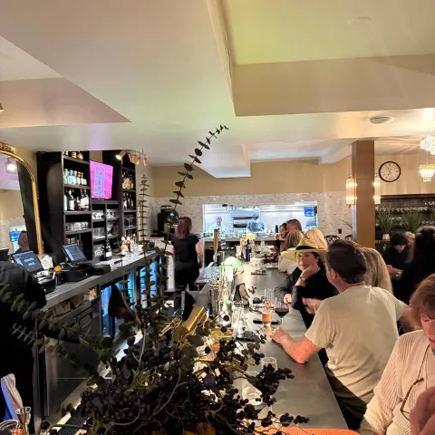 Bar area with people seting at the counter, having drinks.