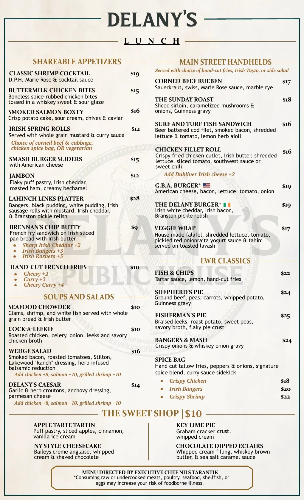 Delany's Public House lunch menu with appetizers, handhelds, Irish classics, salads, and desserts