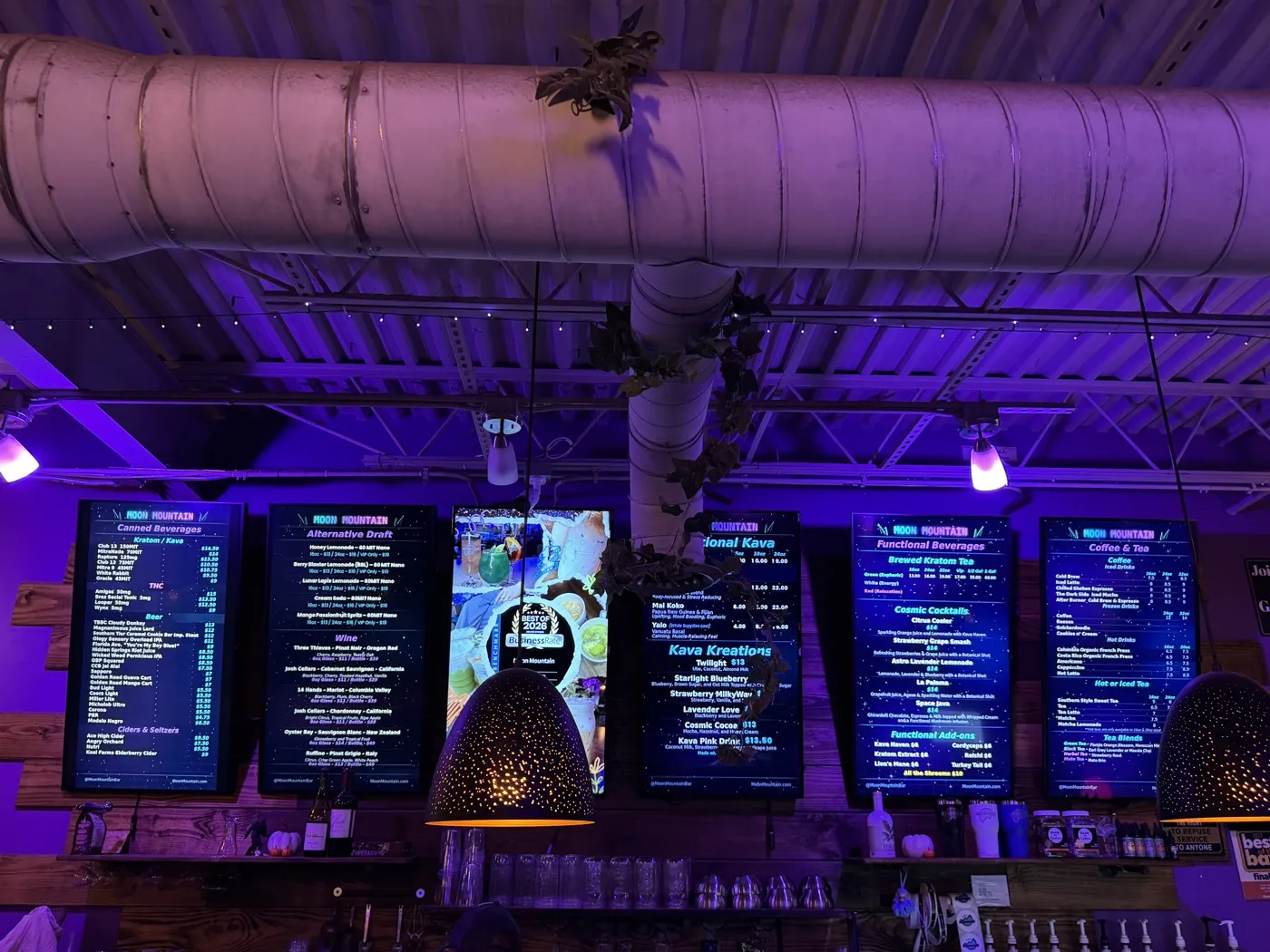 Kava, coffee, beer and wine menu boards at Moon Mountain Brandon