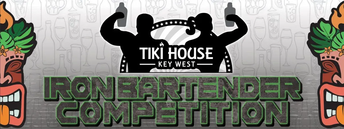 Graphic poster for the Iron Bartender Competition at Tiki House in Key West, featuring silhouettes of two people flexing muscles and Tiki-style masks on each side.