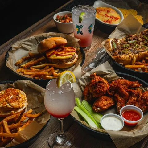 Assorted food and cocktails.