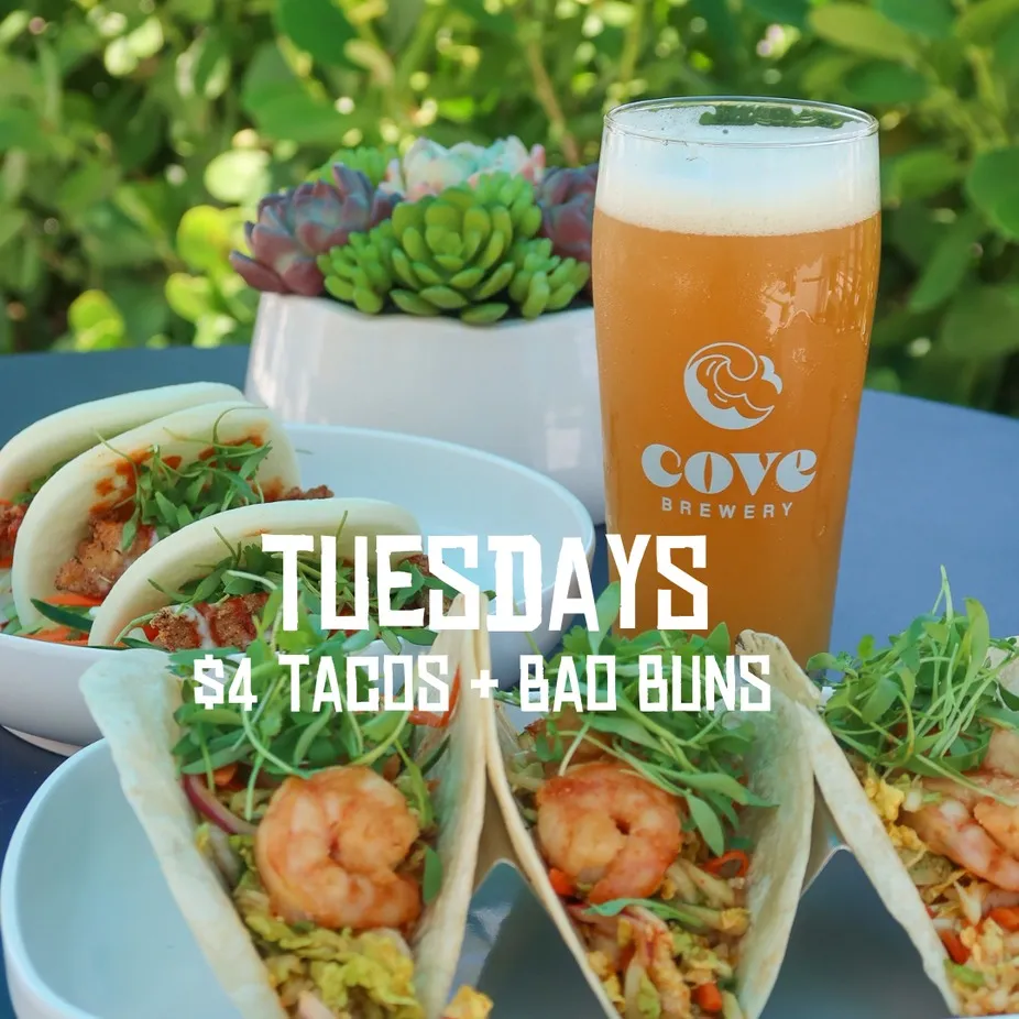 $4 tacos and bao buns / $5 off kind bowls / $9 chicken Sandos