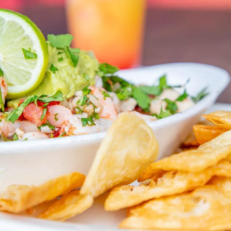 Seafood ceviche, served with tortilla chips.