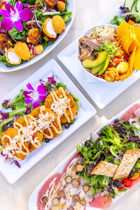 Assorted salads and dishes with fresh vegetables, fried items, and garnishes on white plates
