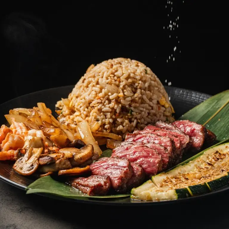 Sliced Wagyu steak, fried rice, shrimp, mushrooms, onions, and grilled zucchini on a black plate, with salt sprinkled on top.
