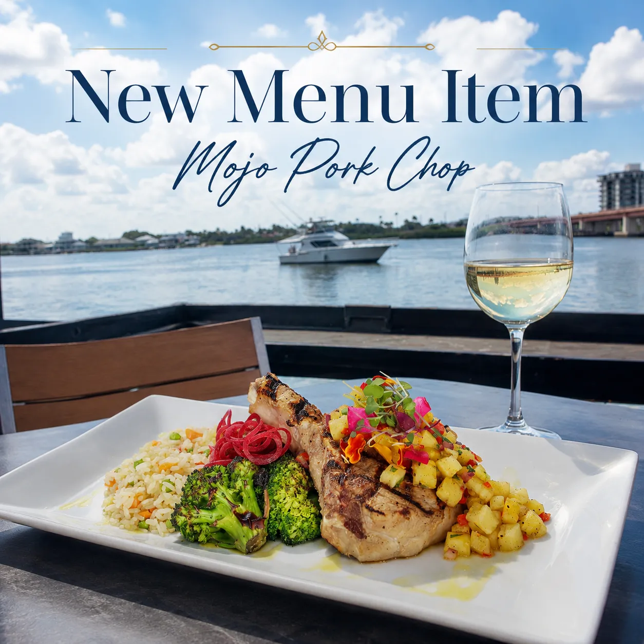 pork dish served with a white wine on a table with a boat passing by