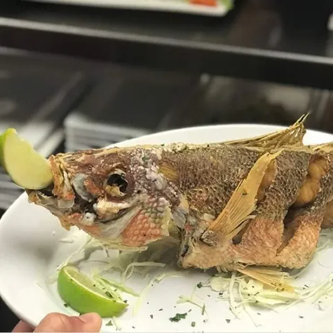 plated fish with lime in fish's mouth