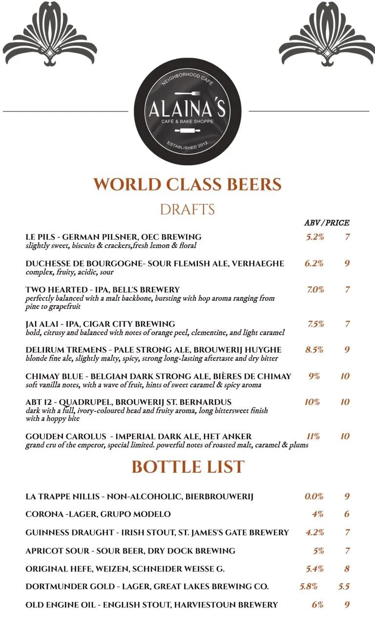 Alaina's Café beer menu, page 1 of 2