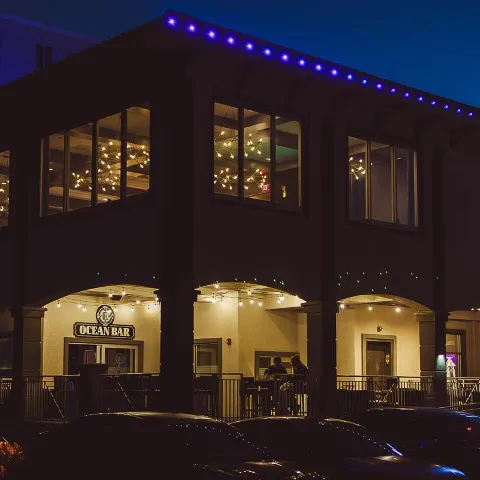 Exterior of restaurant at night.