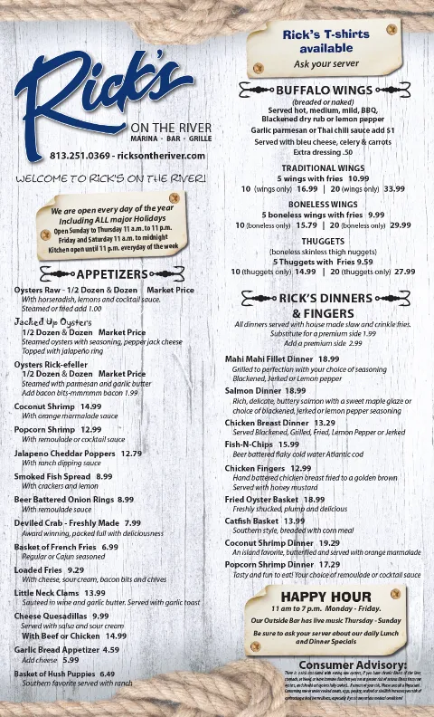 Rick's on the River, menu