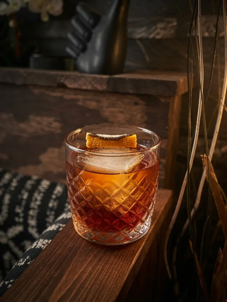A glass of whiskey on the rocks garnished with an orange peel slice, placed on a wooden surface.