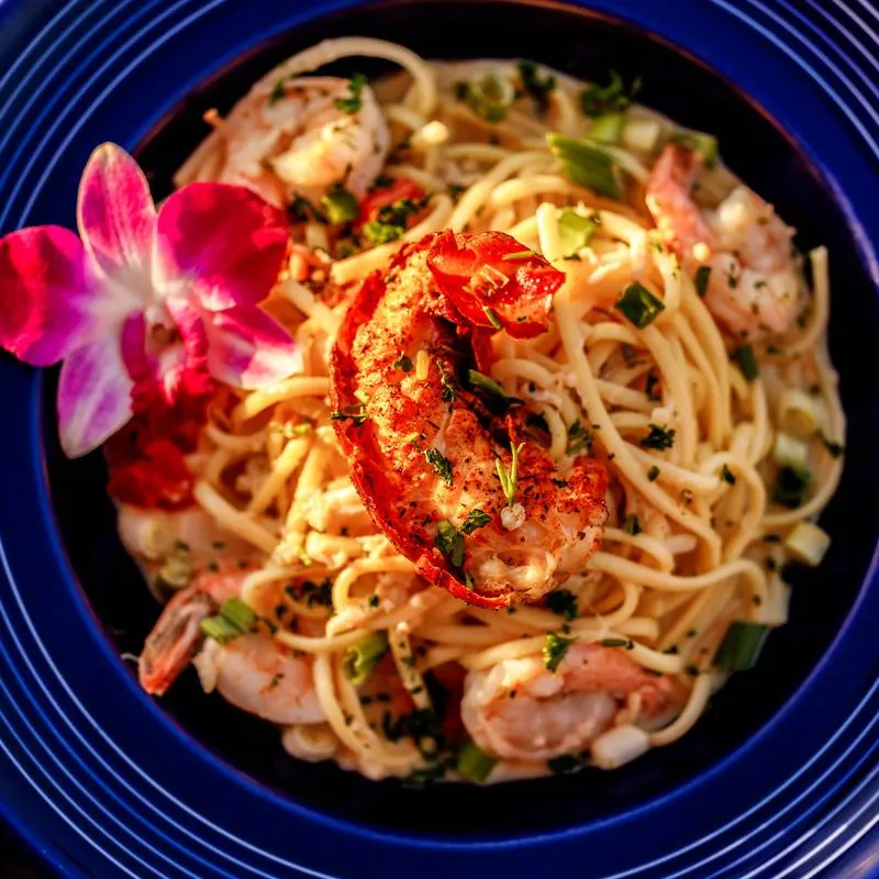 Shrimp Scampi with Lobster Tai top view.
