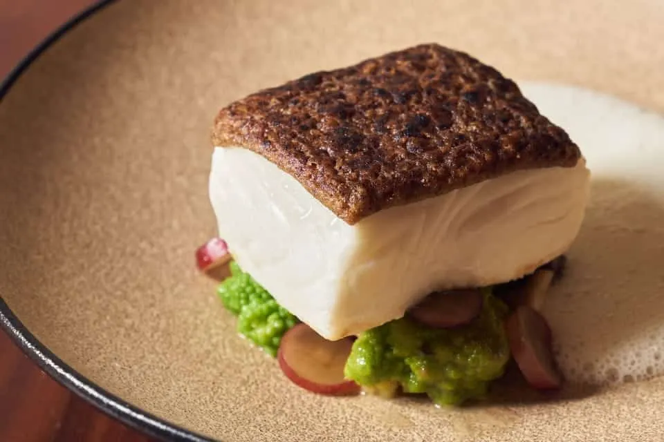 halibut fish served on an earthen plate at uchi miami sushi restaurant