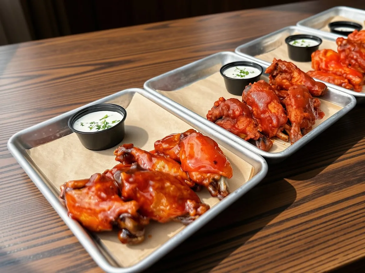 Trays of sauced jumbo bone-in wings lined up along a wooden table, each with a cup of dipping sauce