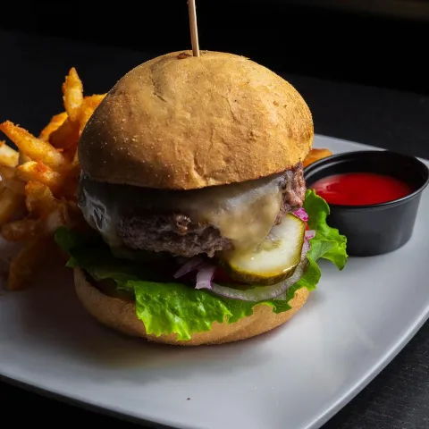 Merica Burger with fries.
