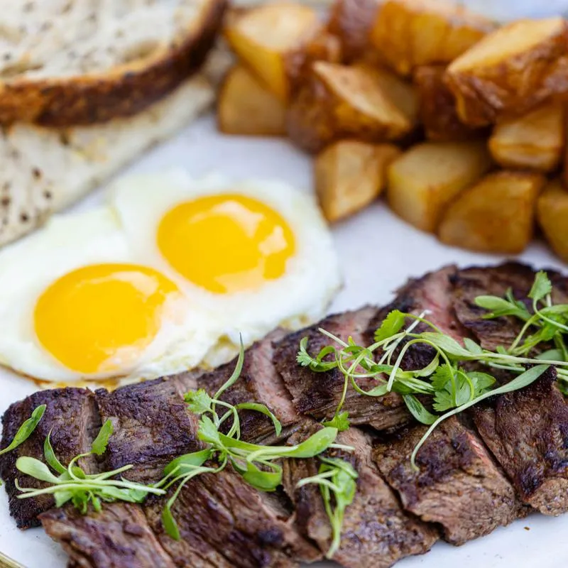 Steak and eggs.