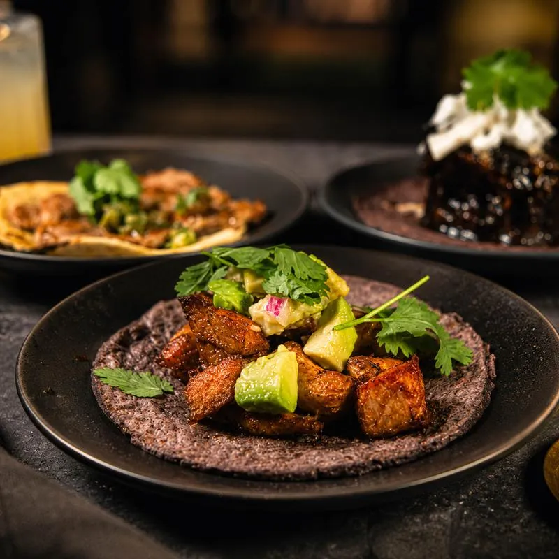 Taco with crispy pork belly, cilantro, and avocado.