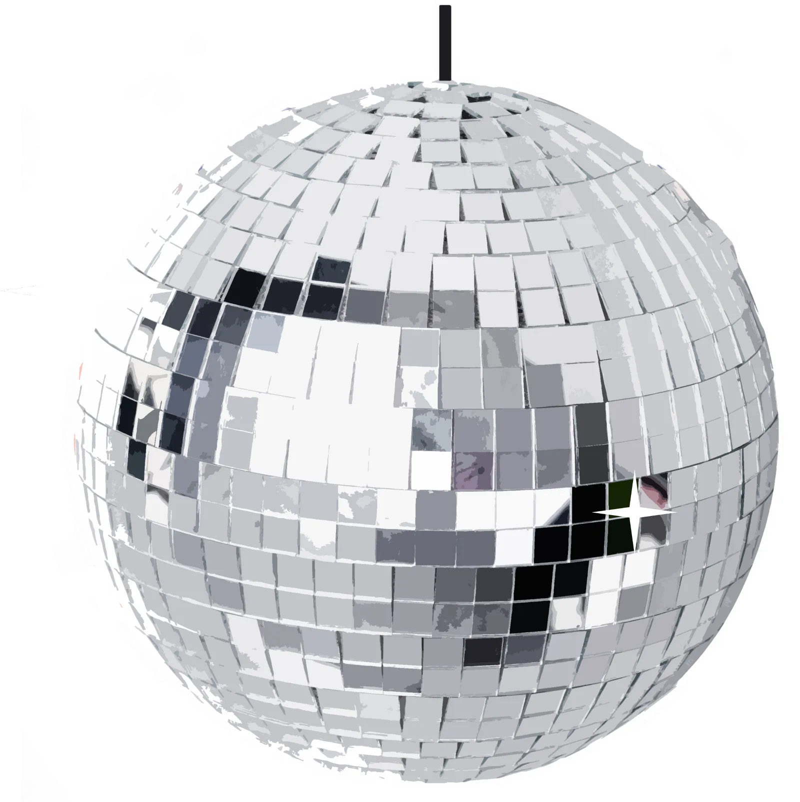 A disco ball covered with small square reflective mirrors.