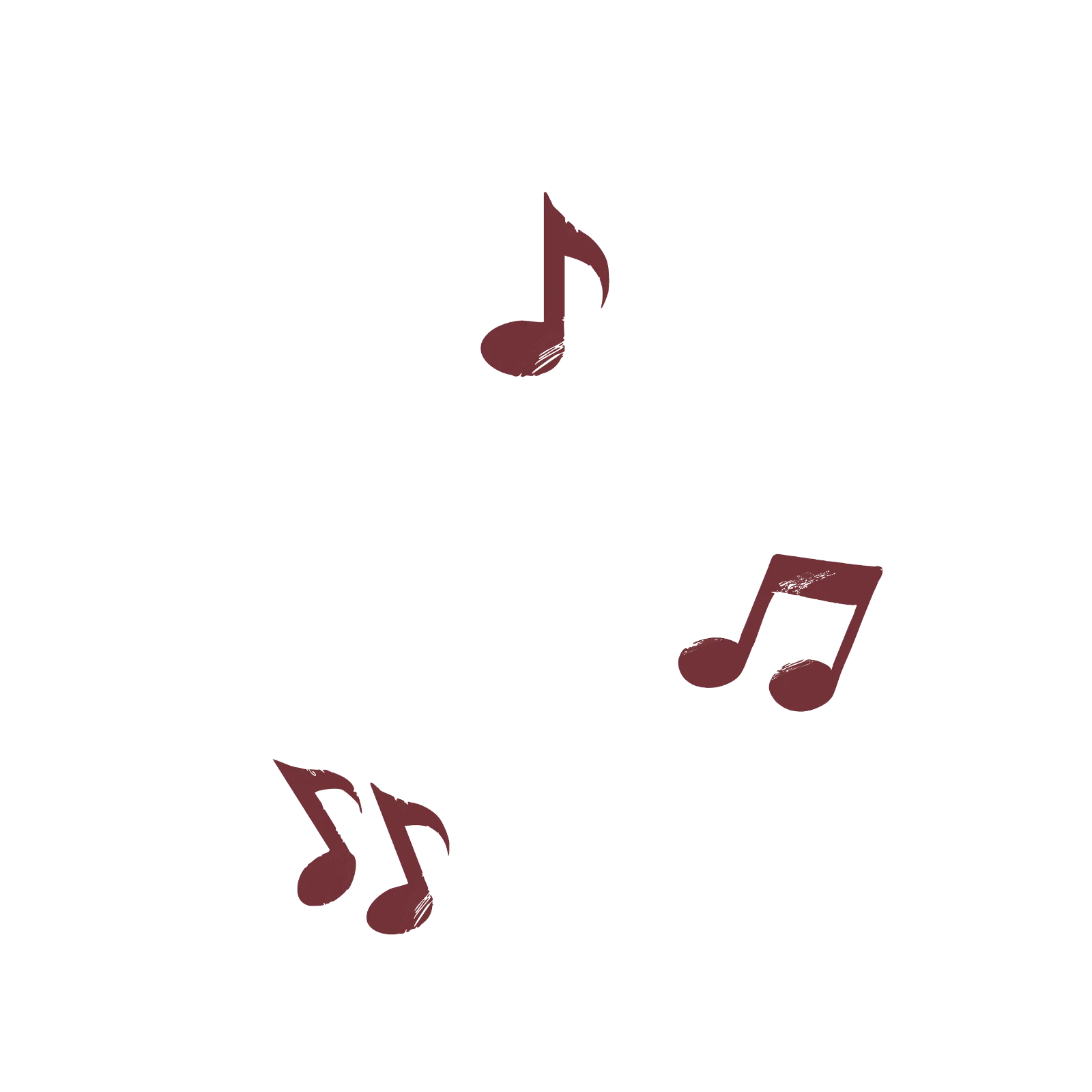 Musical notes and the text "The" on a white background. All elements are in a decorative, scripted font with a maroon color.