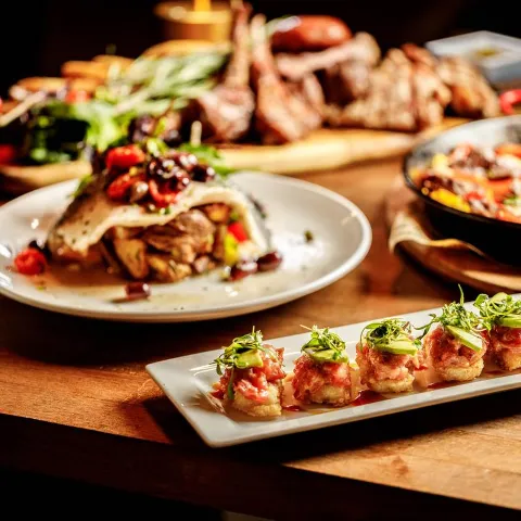 Various dishes on a table.