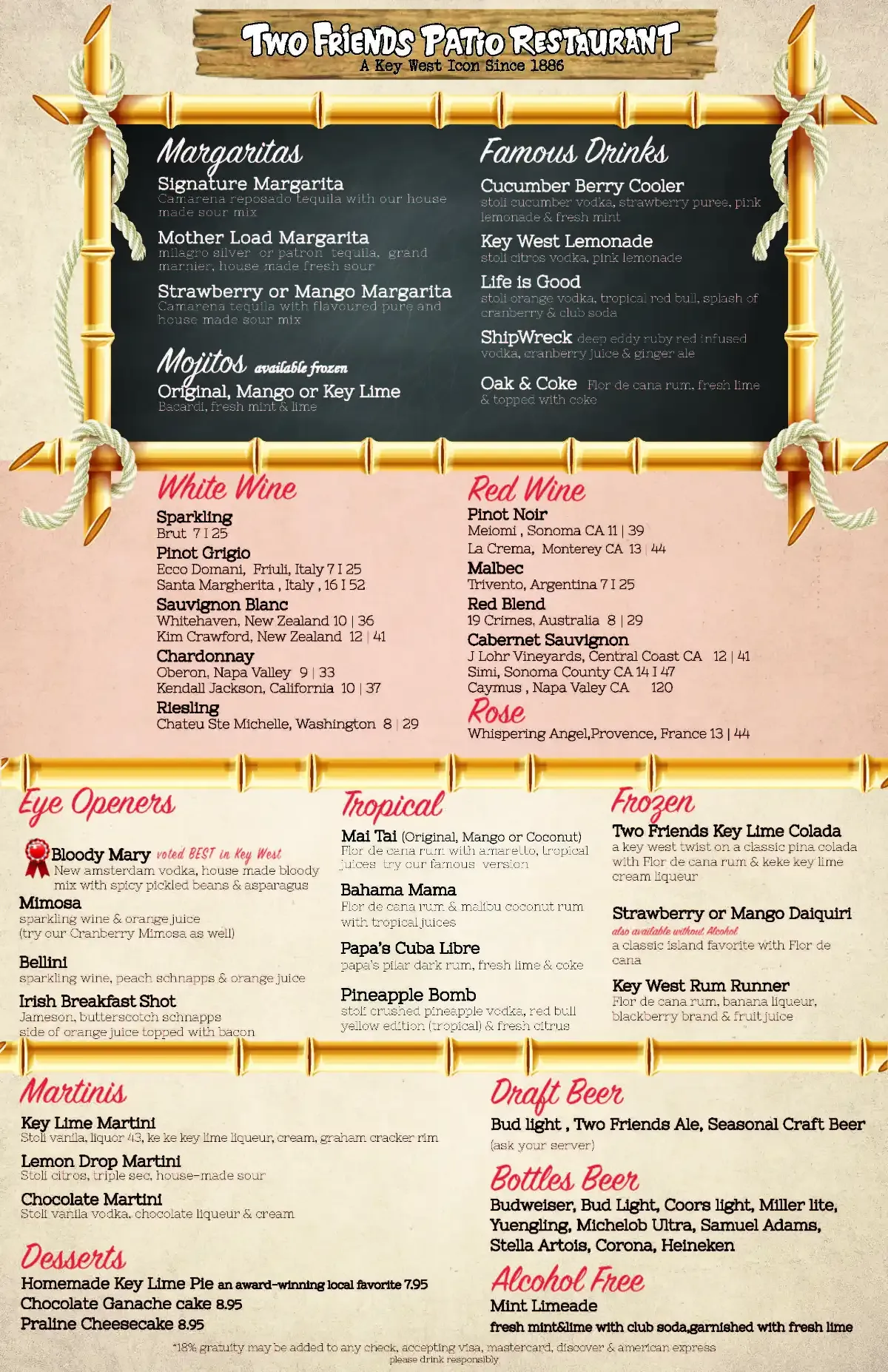 Two Friends, Key West, Drinks and Beverages Menu