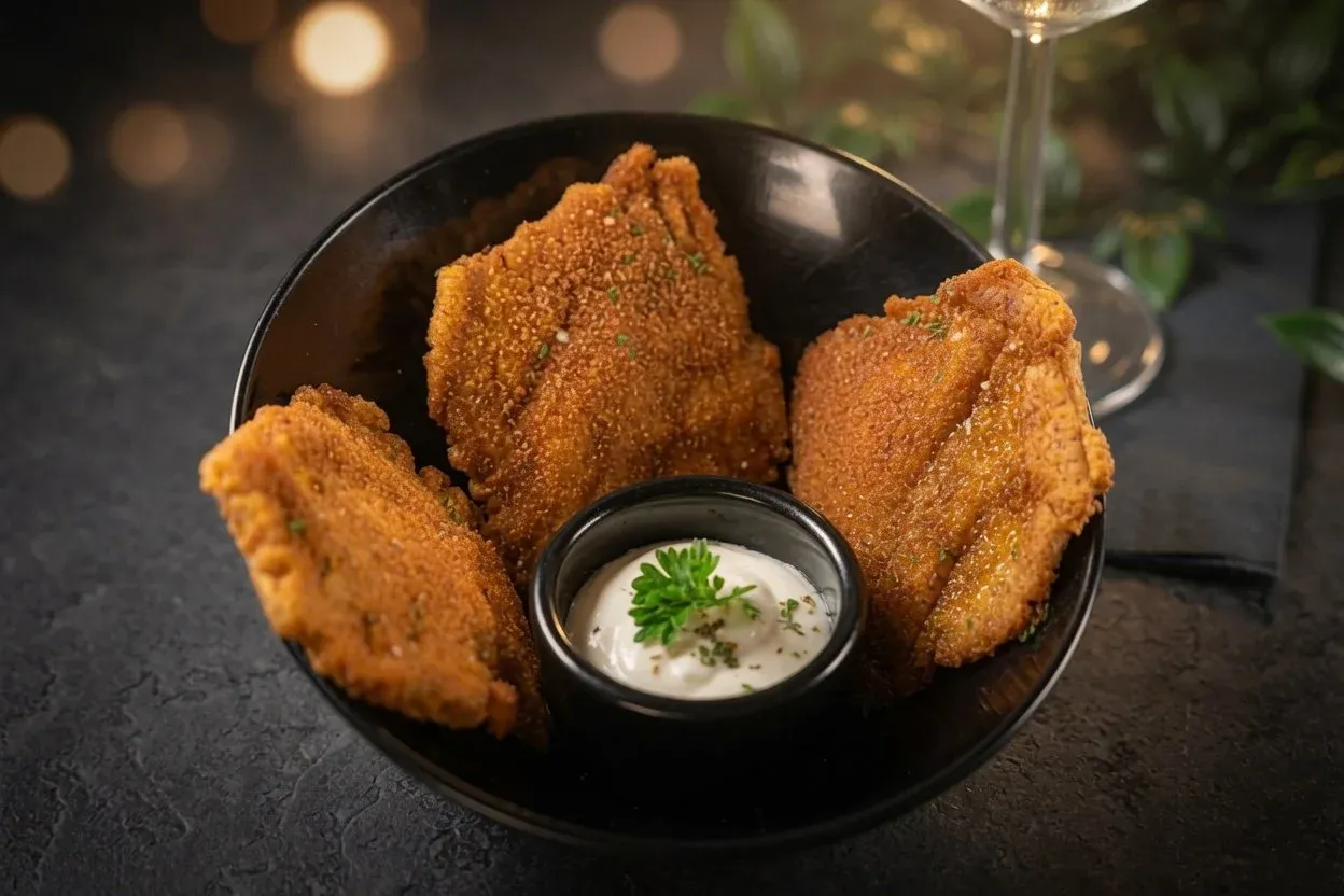 Three pieces of breaded, fried chicken tenders with a side of ranch dipping sauce garnished with parsley, served in a black bowl on a dark table.