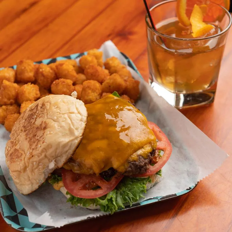 Shuffle Burger served with tater tots