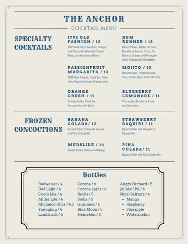Cocktail Menu Page two of The Anchor Restaurant