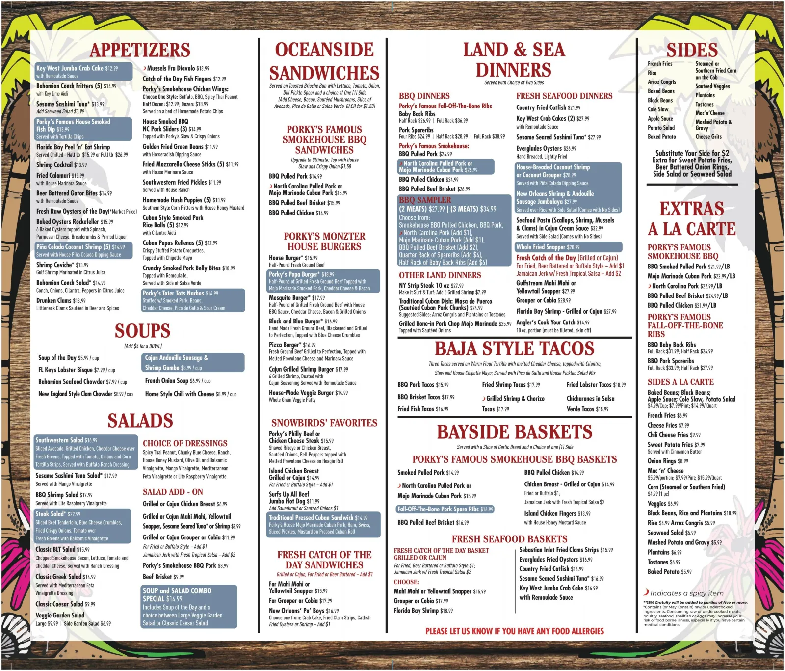 Porky's Bayside Restaurant & Marina Menu with range of delicious dishes
