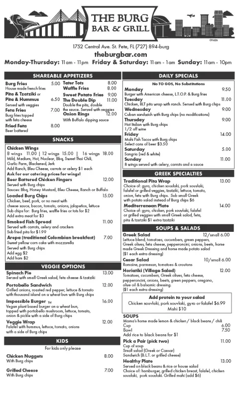 Burg Bar & Grill, menu