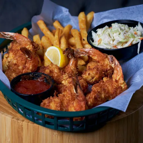 Coconut Shrimp basket with fries and cole slaw
