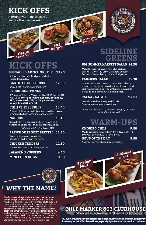 MM 803 Clubhouse, menu