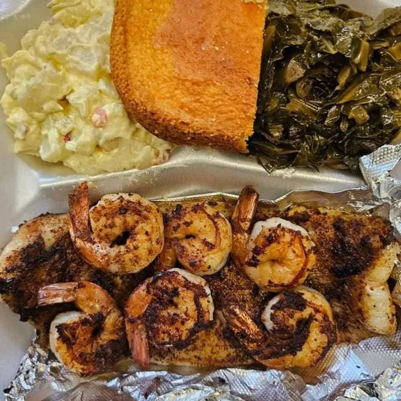 Fried shrimp and other food.