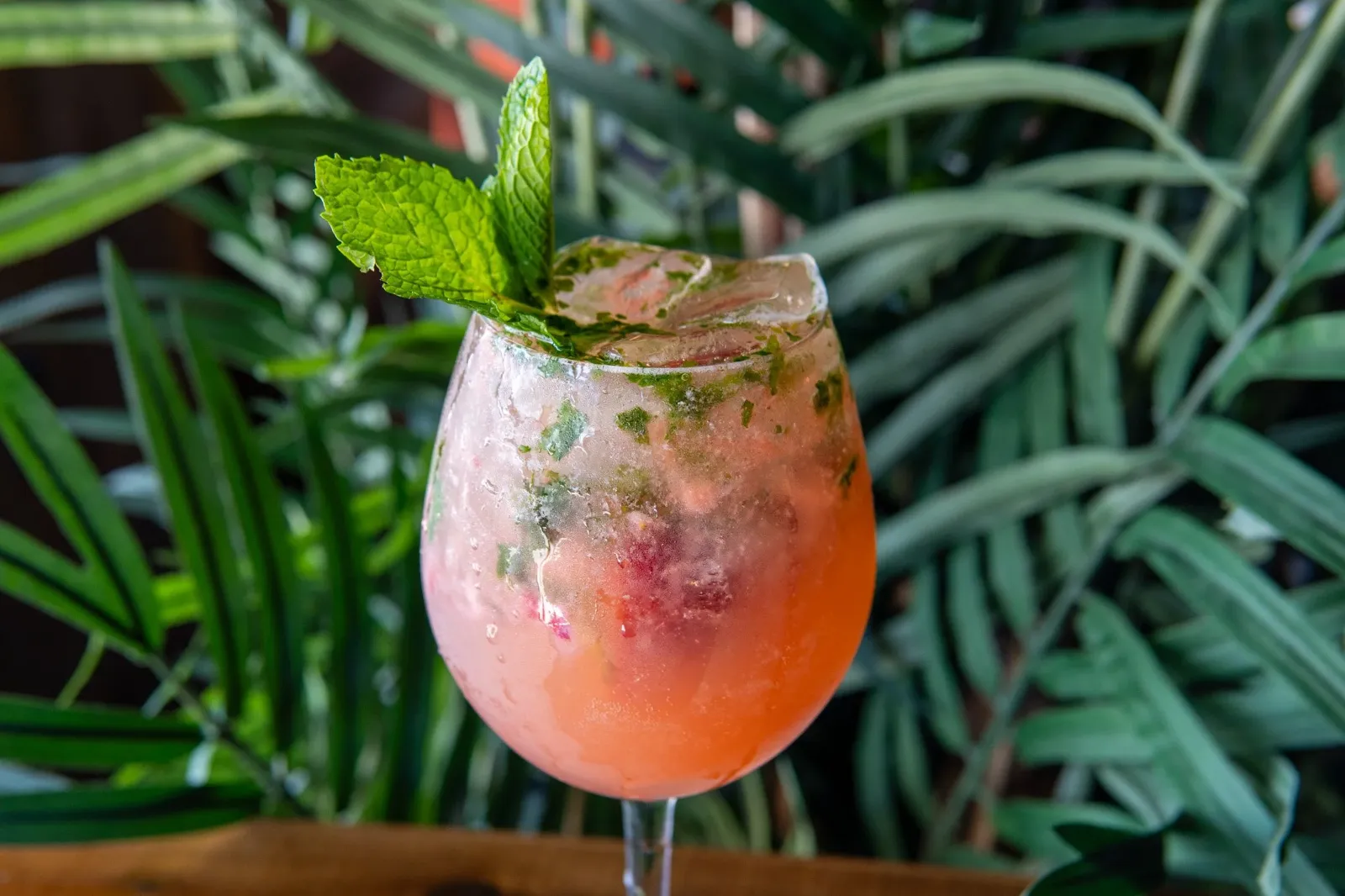 Our strawberry feels spritz with vodka, champagne, fresh mint and fresh strawberries