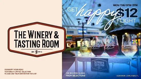 A promotional flyer for The Winery & Tasting Room in Orlando, Florida, featuring a happy hour special with a limited selection of wines for $12 from Monday to Thursday, 3 pm to 7 pm. The flyer shows a