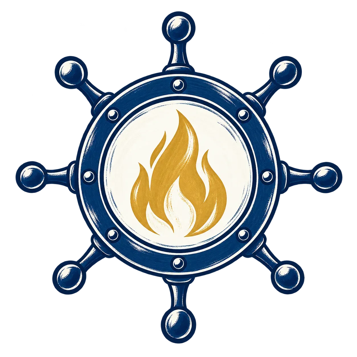 Blue ship wheel with a gold flame emblem in the center