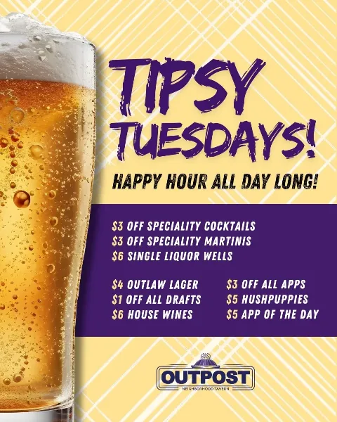 A promotional flyer for Outpost Neighborhood Tavern, featuring a large mug of beer on the left and offering various drink and app discounts for Tipsy Tuesdays, with the text in purple and black on a y