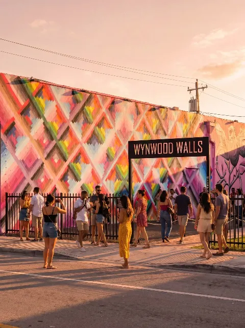 Wynwood Walls pink entrance plaza at golden hour