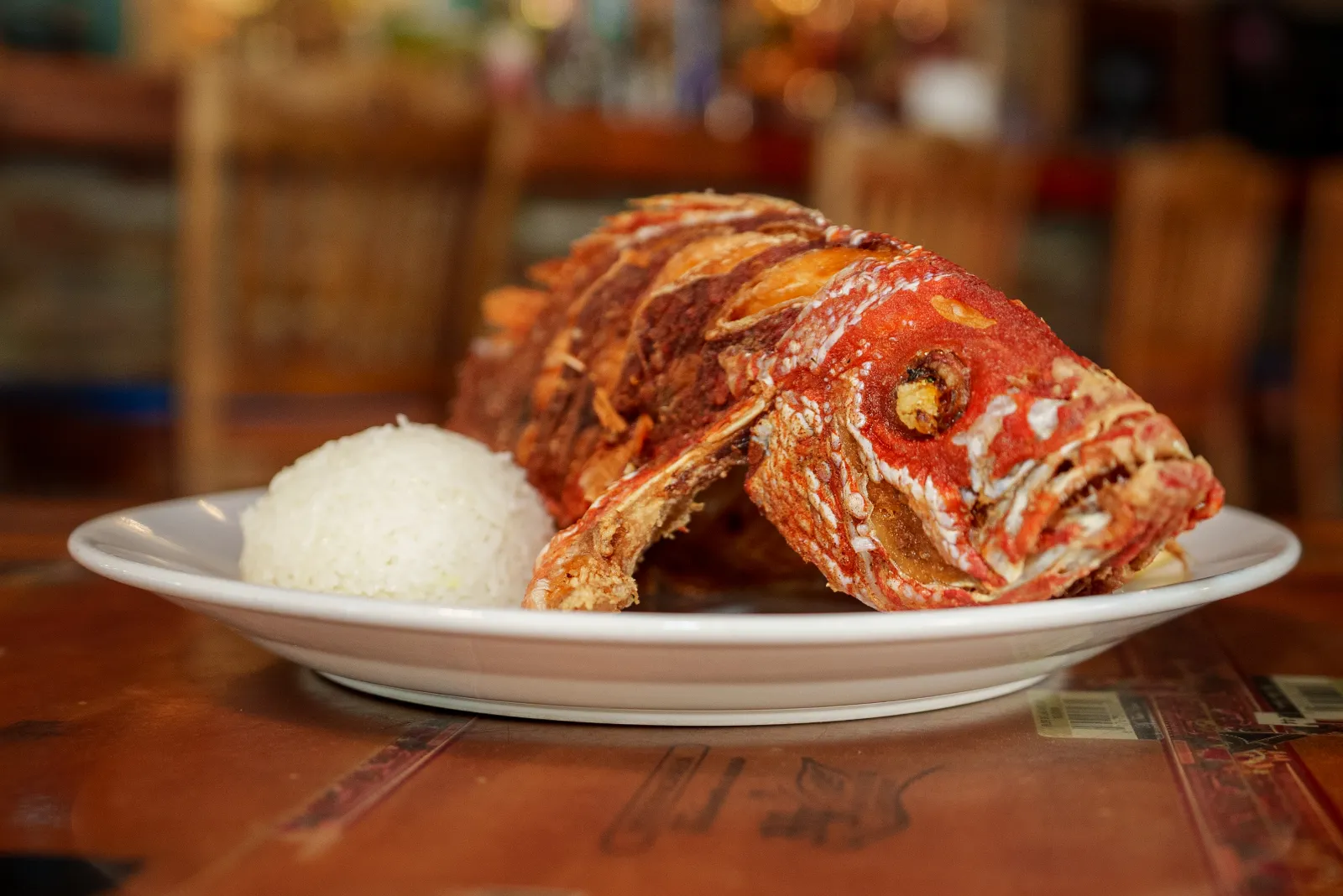 Crispy whole snapper with rice