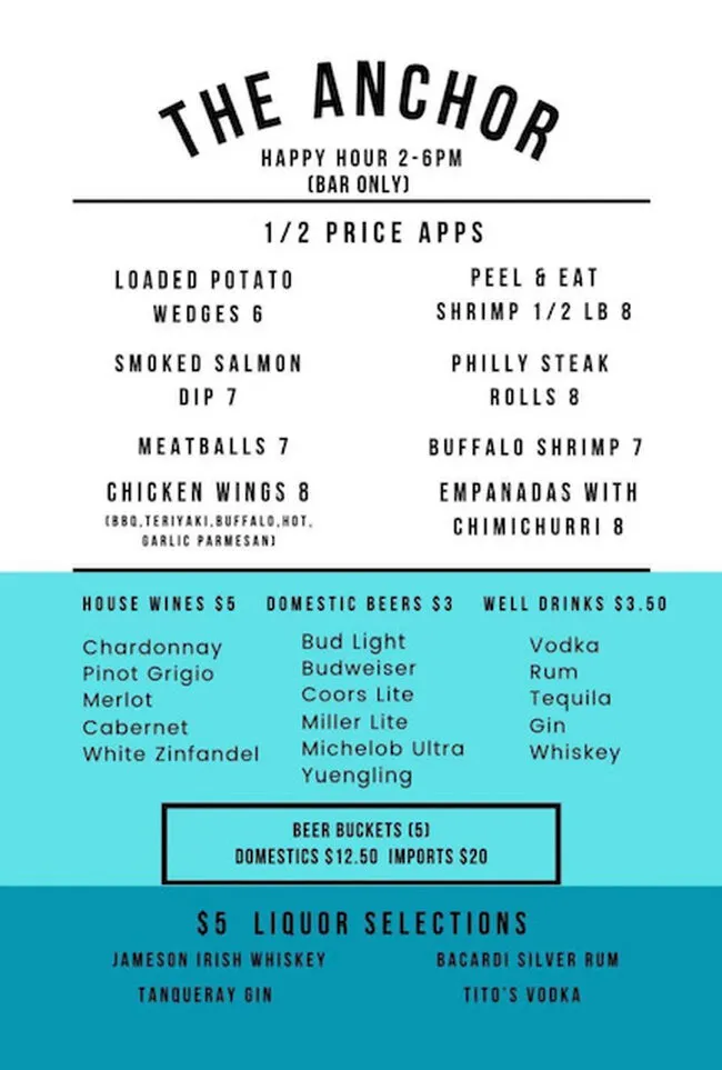 Happy Hour and Drink Menu Page of The Anchor Restaurant
