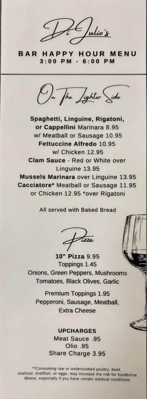Di Julios, menu
