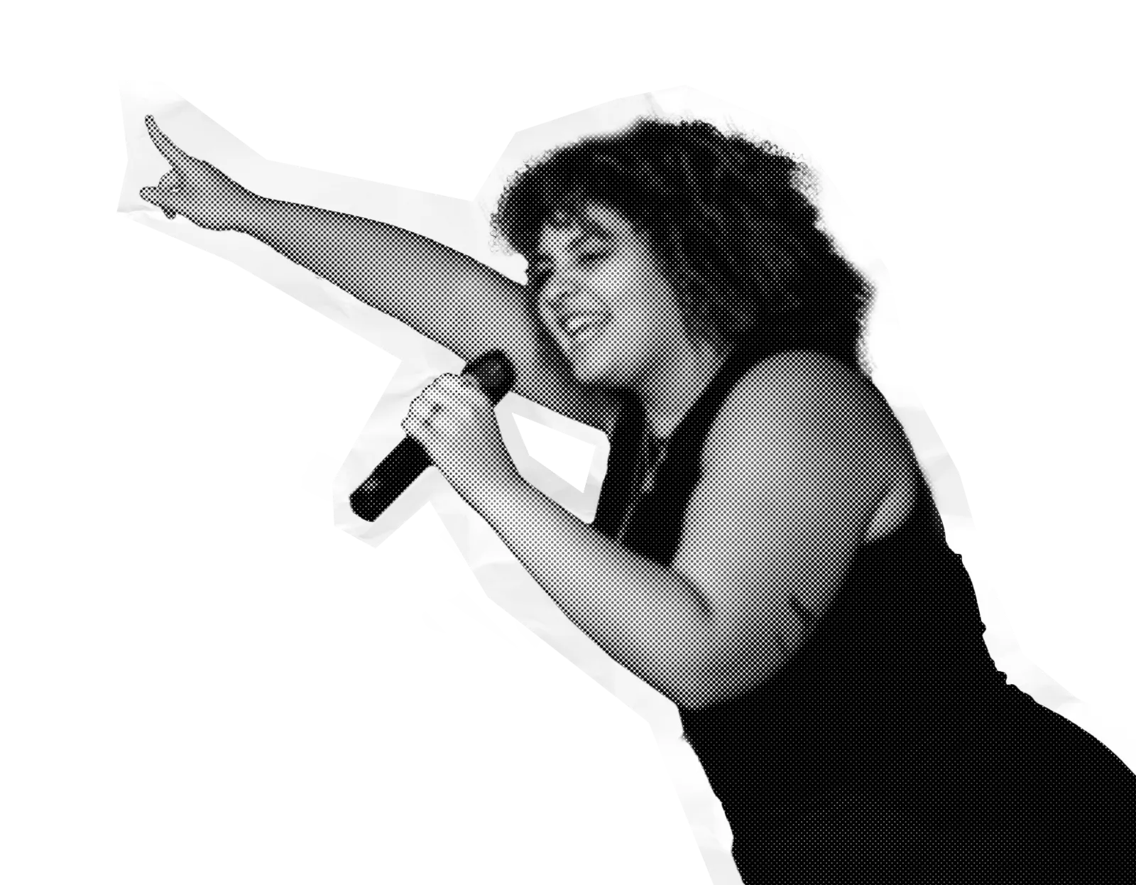 A woman with curly hair singing into a microphone with a wide smile, pointing upward with her left hand, depicted in a black and white pop art style.