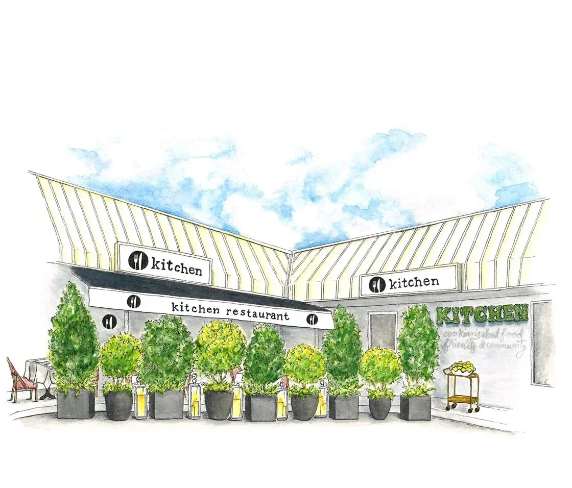 Kitchen restaurant exterior with patio planters illustration