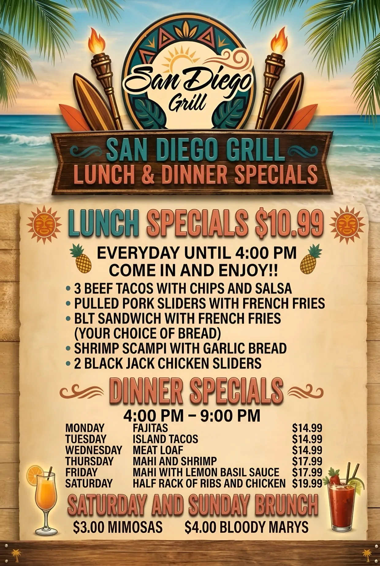 Lunch & Dinner Specials — Lunch specials $10.99 every day until 4 PM — three beef tacos with chips and salsa, pulled pork sliders with fries, a BLT with fries and your choice of bread, shrimp scampi w