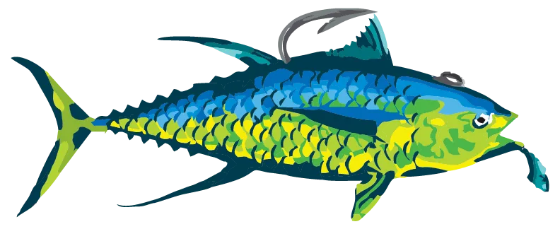 Colorful illustration of a fish with blue, green, and yellow scales, representing The Lure St. Pete’s unique dining experience with sushi and seafood specialties.